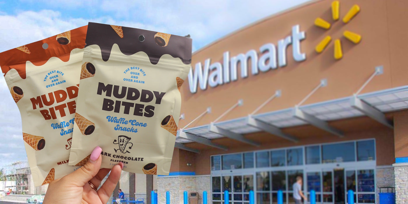 Milk chocolate and dark chocolate Muddy Bites waffle cone snacks held up in front of Walmart